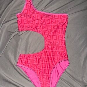 Fendi Vibrant Pink Kids One-Shoulder Swimsuit